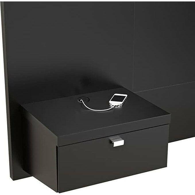 King size Modern Wall Mounted Floating Headboard with Nightstands in Black - FurniFindUSA