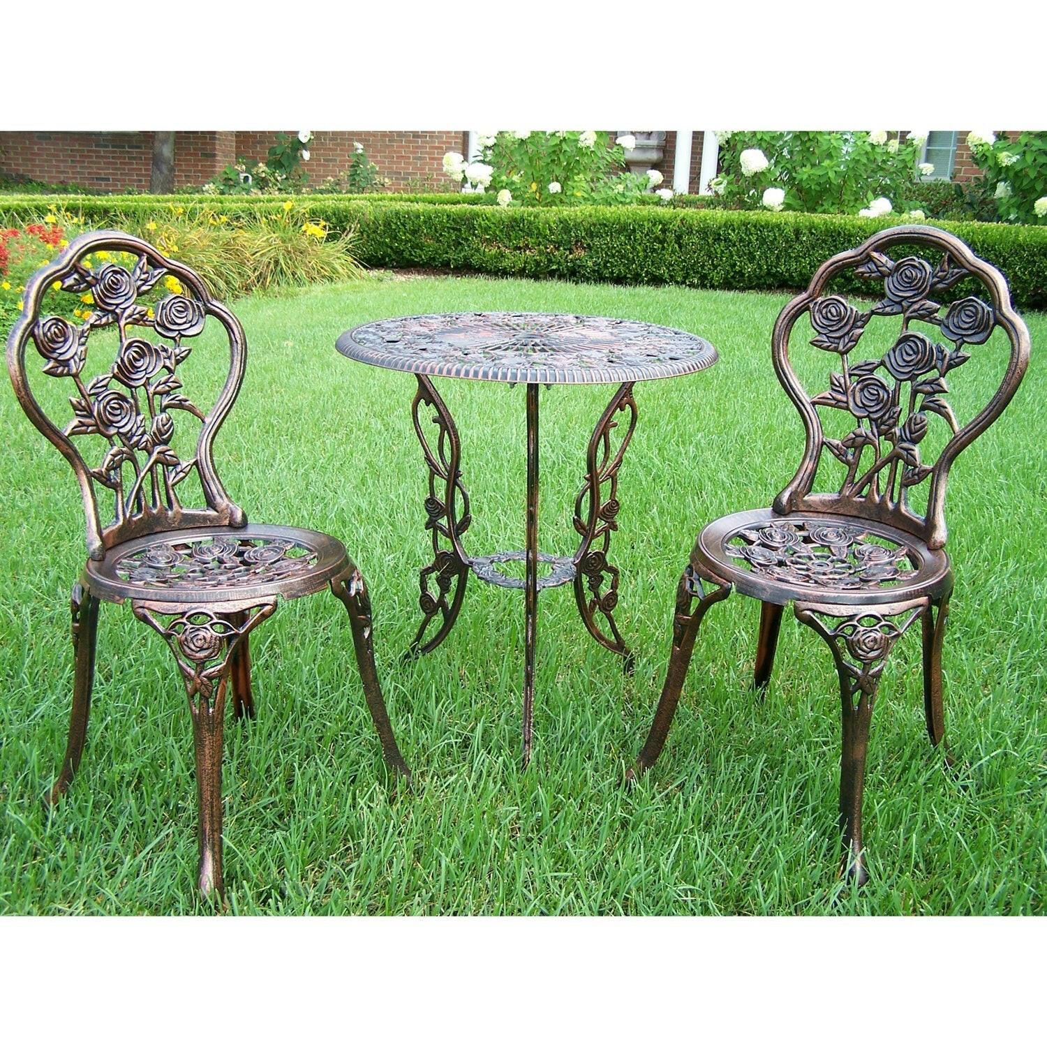 3-Piece Outdoor Bistro Set with Rose Design in Antique Bronze Finish - FurniFindUSA