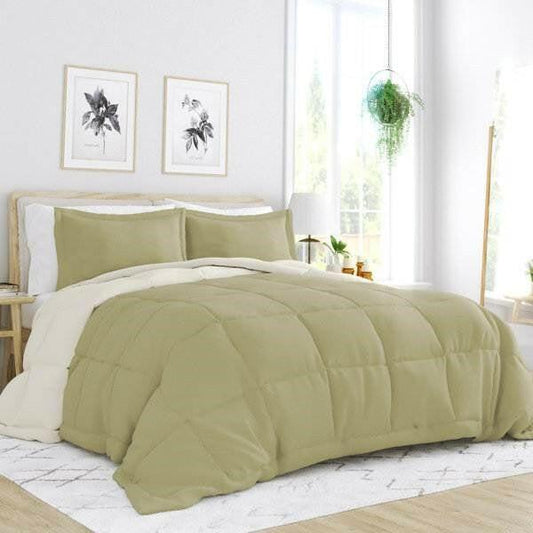 King/Cal King 3-Piece Microfiber Reversible Comforter Set in Sage Green/Cream - FurniFindUSA