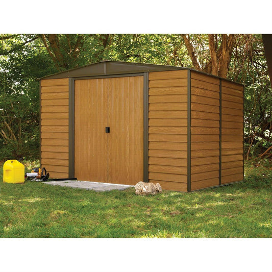 Outdoor 10 x 12-ft Steel Storage Shed With Woodgrain Panels - FurniFindUSA