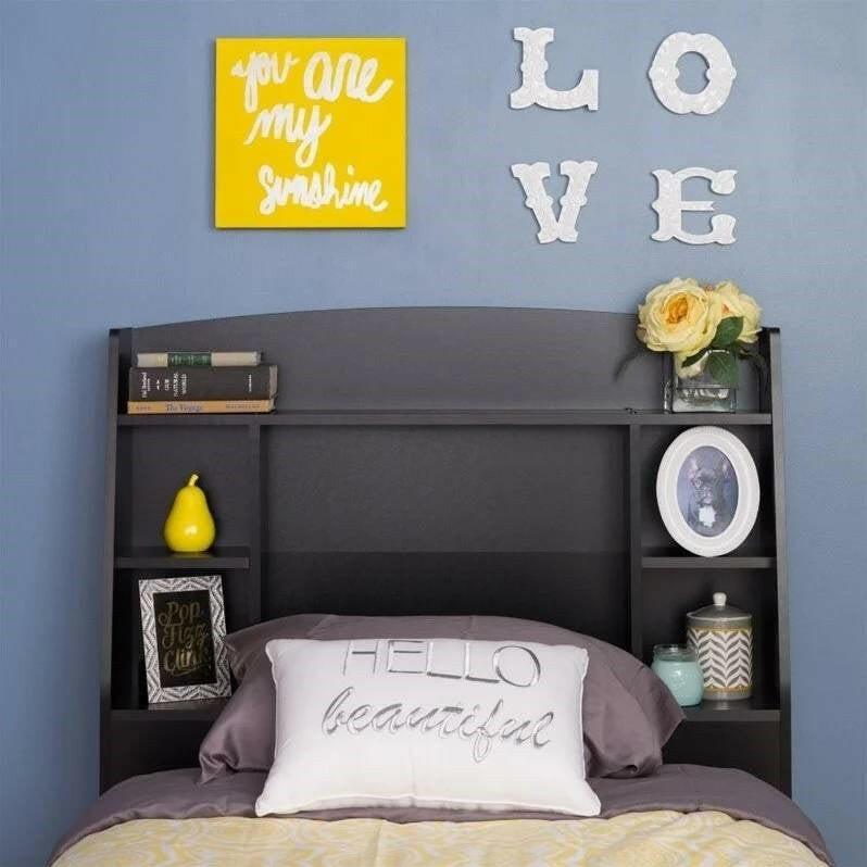 Twin size Bookcase Storage Headboard in Black Wood Finish - FurniFindUSA