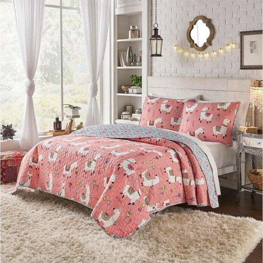 Twin/Twin XL Pink Blue Reversible Floral Llama Cotton Quilt Set - FurniFindUSA