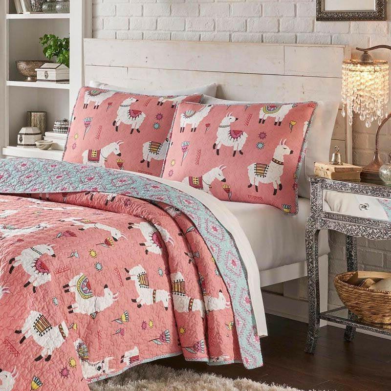 Full/Queen Pink Blue Reversible Floral Llama 100-Percent Cotton Quilt Set - FurniFindUSA