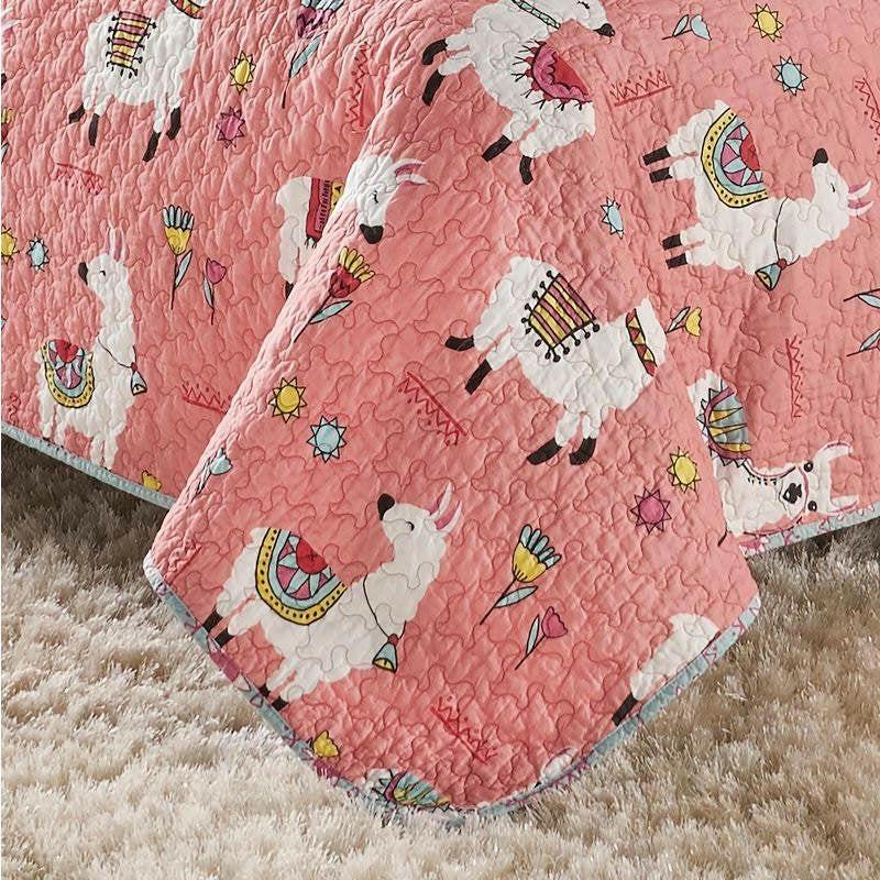 Full/Queen Pink Blue Reversible Floral Llama 100-Percent Cotton Quilt Set - FurniFindUSA