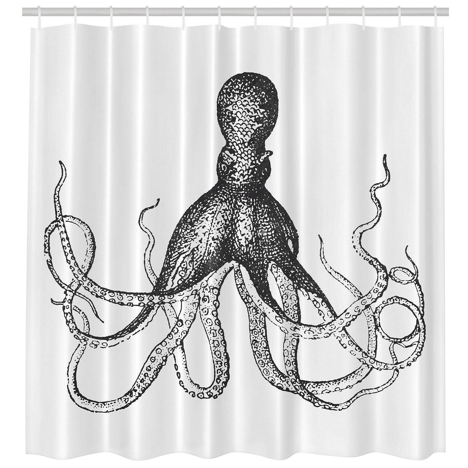 Machine Washable Black White Vintage Octopus Shower Curtain - FurniFindUSA