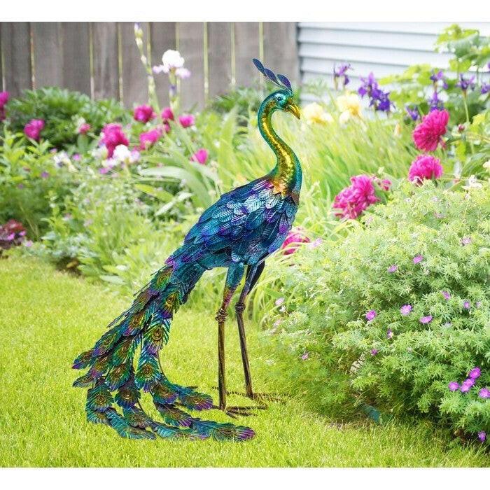 Outdoor Garden Metal Blue/Green Peacock Statue - FurniFindUSA