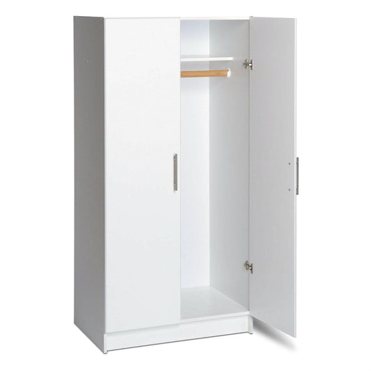 White 2-Door Wardrobe Cabinet with Hanging Rail and Storage Shelf - FurniFindUSA