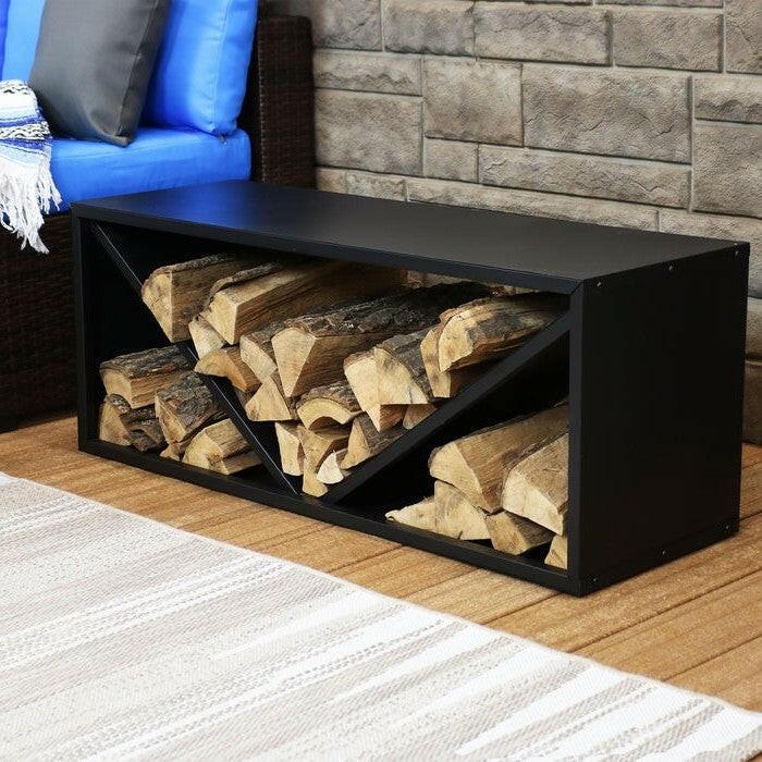 Black Indoor/Outdoor 41 inch Steel Triple Triangle Firewood Log Storage Rack - FurniFindUSA