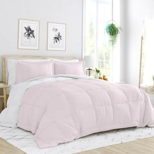 Full/Queen 3-Piece Microfiber Reversible Comforter Set in Blush Pink and White - FurniFindUSA