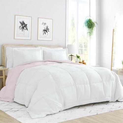 Full/Queen 3-Piece Microfiber Reversible Comforter Set in Blush Pink and White - FurniFindUSA