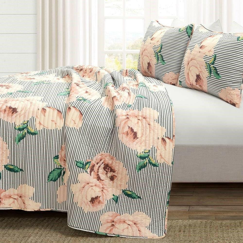 Full/Queen Size Polyester Black White Striped Rose Floral 3 Piece Quilt Set - FurniFindUSA