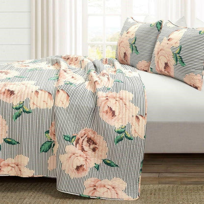 Full/Queen Size Polyester Black White Striped Rose Floral 3 Piece Quilt Set - FurniFindUSA