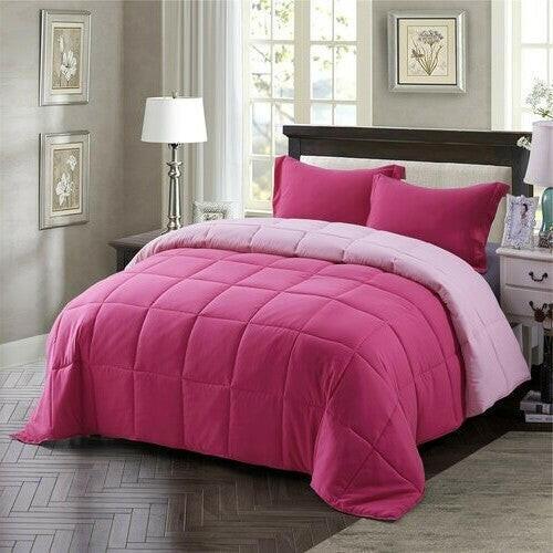 Full/Queen Traditional Microfiber Reversible 3 Piece Comforter Set in Pink - FurniFindUSA