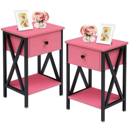 Set of 2 - 1-Drawer Nightstand Bedside Table in Pink and Black - FurniFindUSA