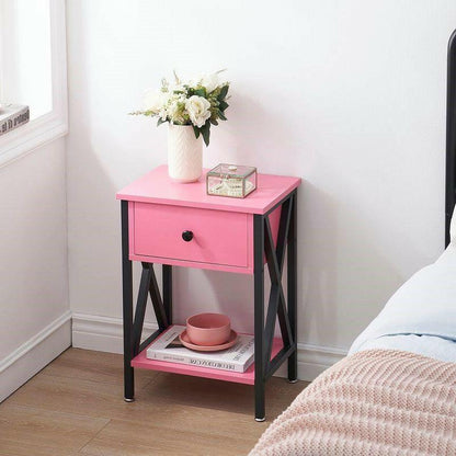 Set of 2 - 1-Drawer Nightstand Bedside Table in Pink and Black - FurniFindUSA