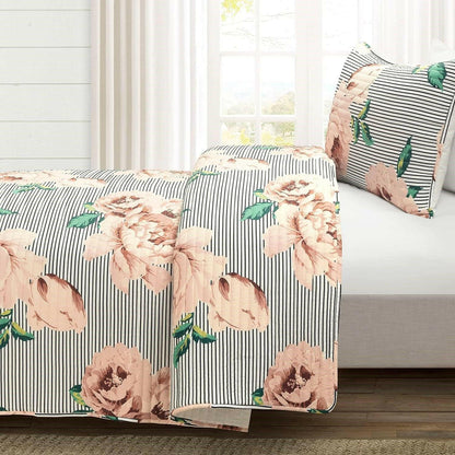 Twin/Twin XL Size Polyester Black White Striped Rose Floral 2 Piece Quilt Set - FurniFindUSA