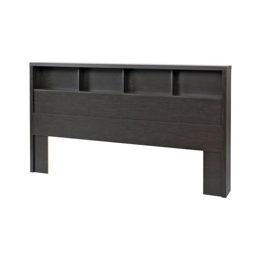 King size Bookcase Headboard in Washed Black Wood Finish - FurniFindUSA