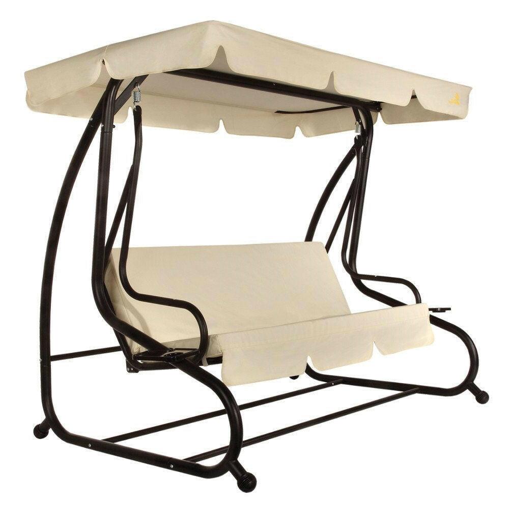 Outdoor 3-Seat Canopy Swing with Beige Cushions for Patio Deck or Porch - FurniFindUSA