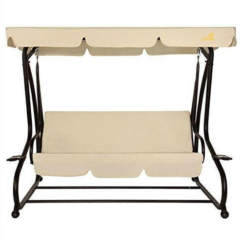 Outdoor 3-Seat Canopy Swing with Beige Cushions for Patio Deck or Porch - FurniFindUSA