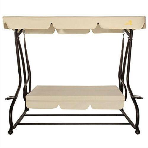 Outdoor 3-Seat Canopy Swing with Beige Cushions for Patio Deck or Porch - FurniFindUSA