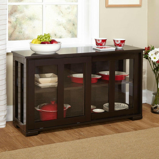 Espresso Sideboard Buffet Dining Kitchen Cabinet with 2 Glass Sliding Doors - FurniFindUSA
