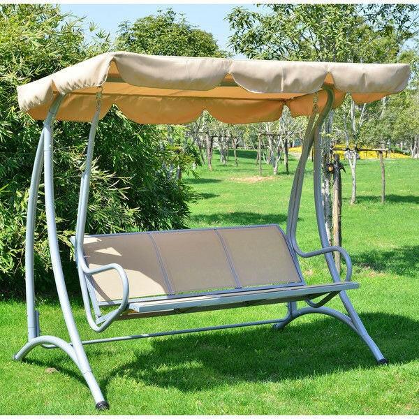 Sturdy 3-Person Outdoor Patio Porch Canopy Swing in Sand Color - FurniFindUSA