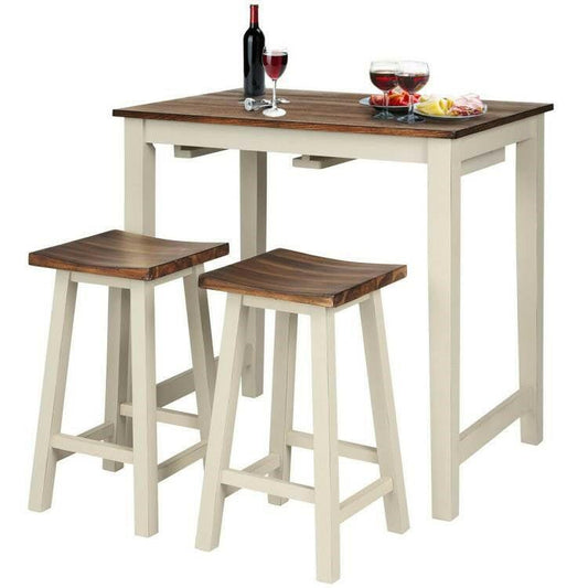 3 Piece Farmhouse Counter Height Kitchen Pub Table Set with 2 Saddle Bar Stools - FurniFindUSA