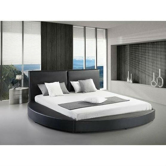 Queen size Modern Round Platform Bed with Headboard in Black Faux Leather - FurniFindUSA