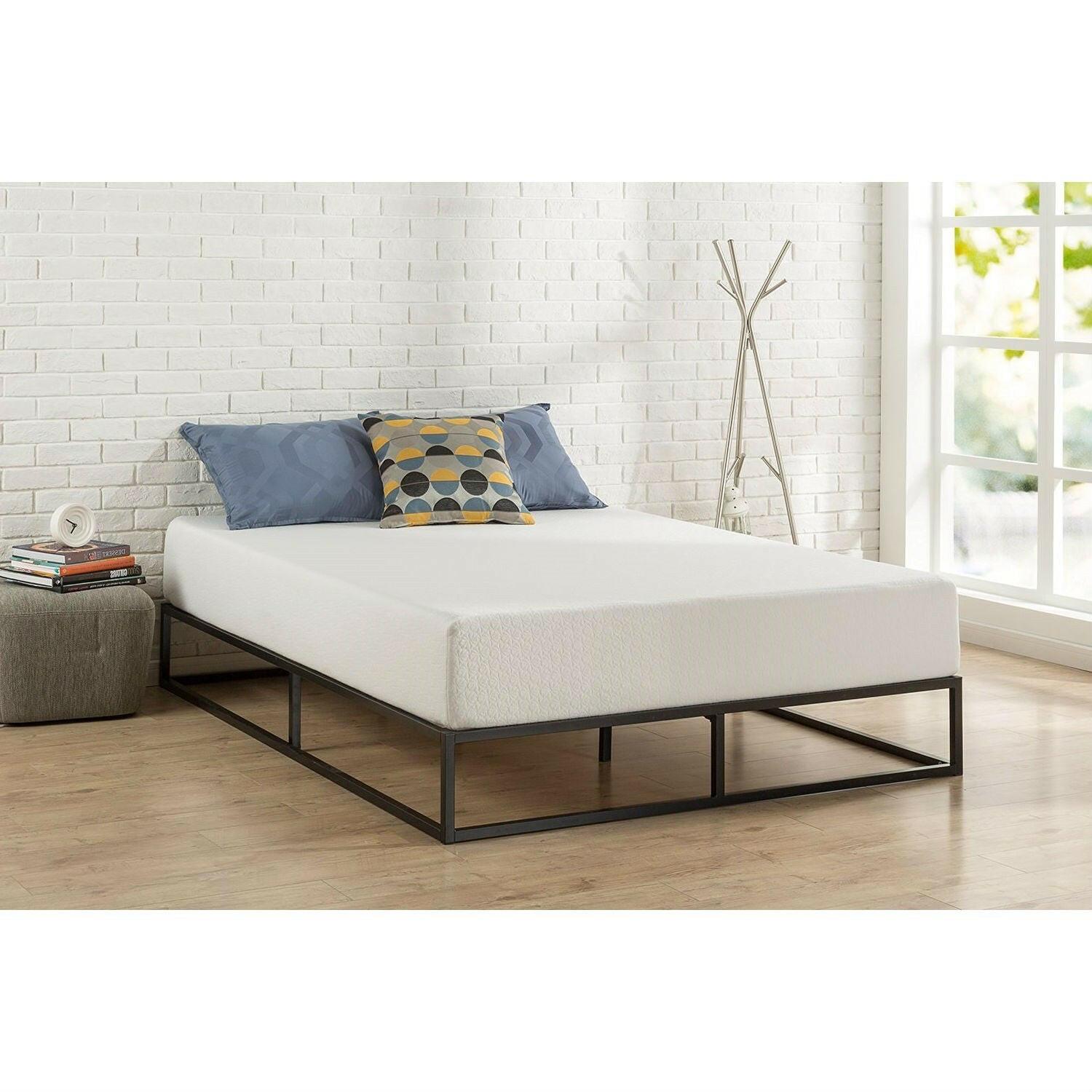 Queen size Modern 10-inch Low Profile Metal Platform Bed Frame with Wood Slats - FurniFindUSA