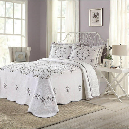Queen size Cotton Bedspread with Scalloped Edges and Floral Print Embroidery in White - FurniFindUSA