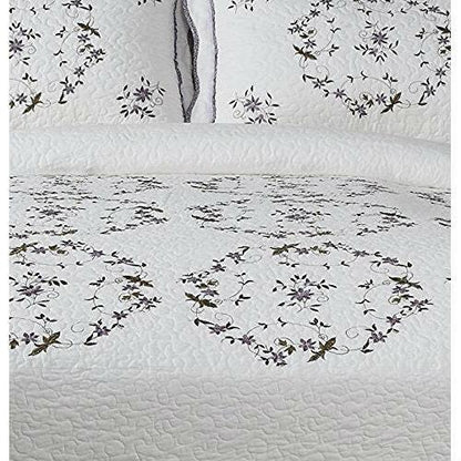 Queen size Cotton Bedspread with Scalloped Edges and Floral Print Embroidery in White - FurniFindUSA