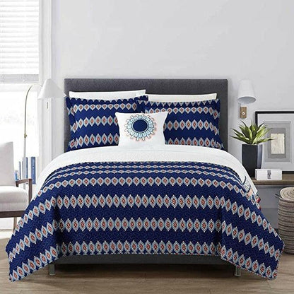 Queen size 4 Piece Cotton Blue White Boho Geometric Reversible Quilt Set - FurniFindUSA