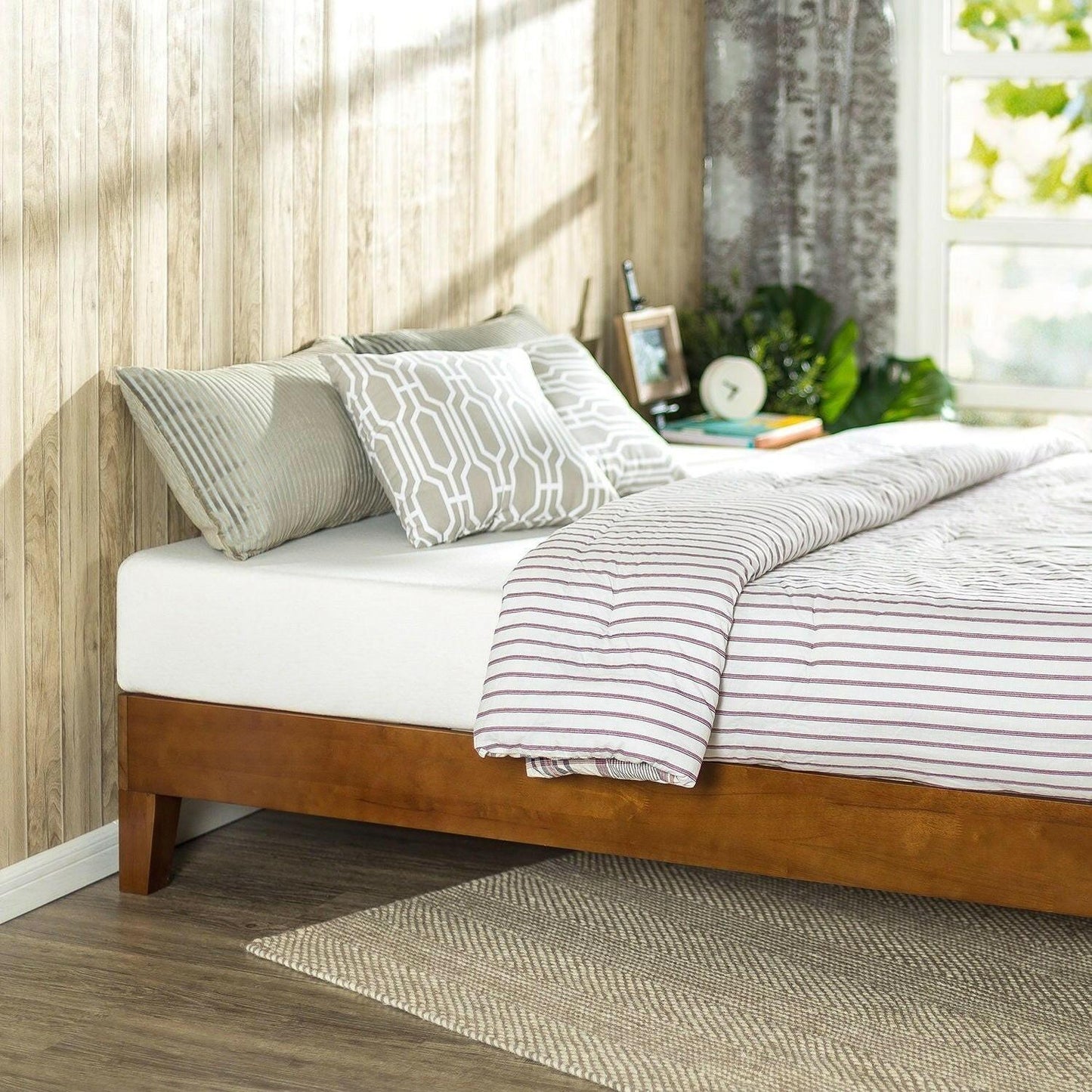 Queen size Solid Wood Low Profile Platform Bed Frame in Cherry Finish - FurniFindUSA