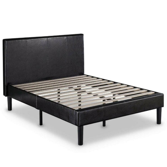 Queen Espresso Faux Leather Platform Bed Frame with Headboard - FurniFindUSA