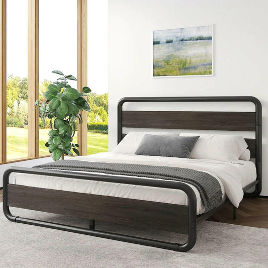 Queen Heavy Duty Round Metal Frame Platform Bed with Black Wood Panel Headboard - FurniFindUSA