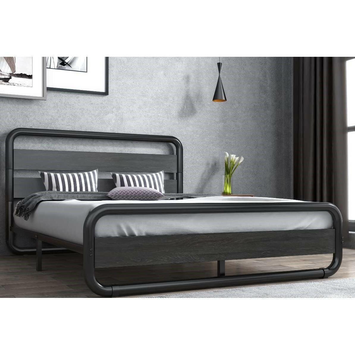 Queen Heavy Duty Round Metal Frame Platform Bed with Black Wood Panel Headboard - FurniFindUSA