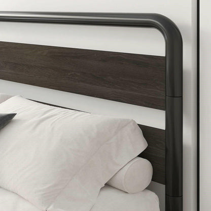 Queen Heavy Duty Round Metal Frame Platform Bed with Black Wood Panel Headboard - FurniFindUSA