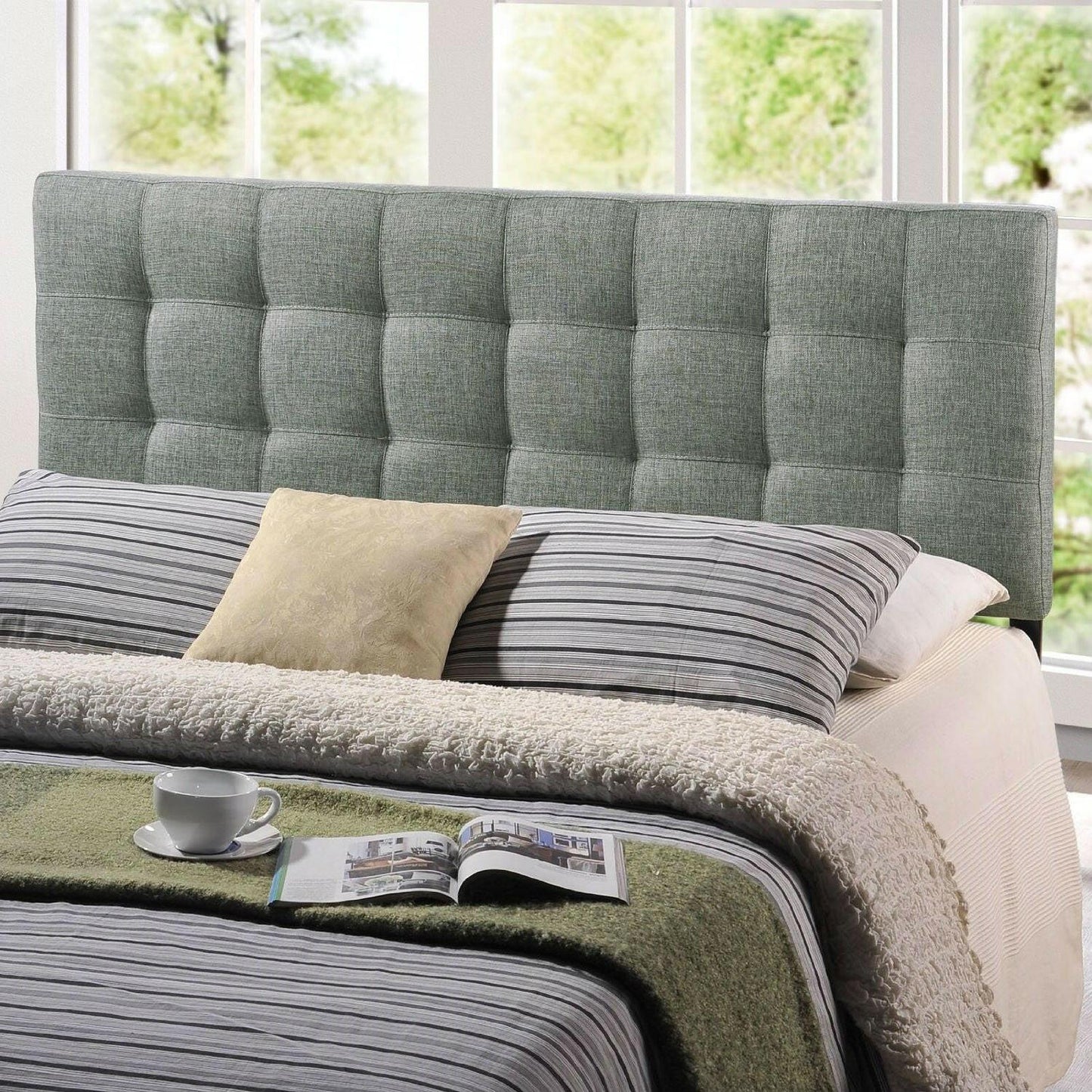 King size Grey Fabric Upholstered Headboard with Modern Tufting - FurniFindUSA