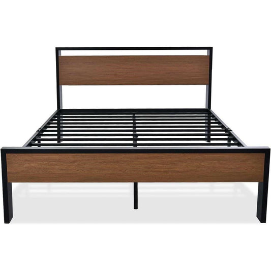 Queen Metal Platform Bed with Walnut Finish Wood Panel Headboard Footboard - FurniFindUSA