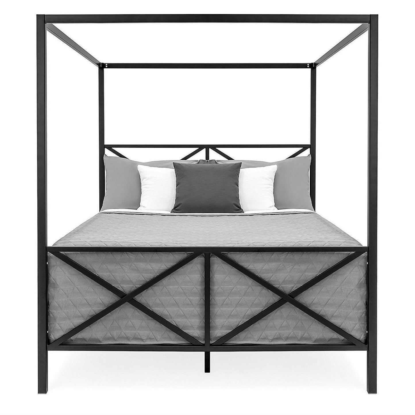 Queen size 4-Post Canopy Bed Frame in Black Metal Finish - FurniFindUSA