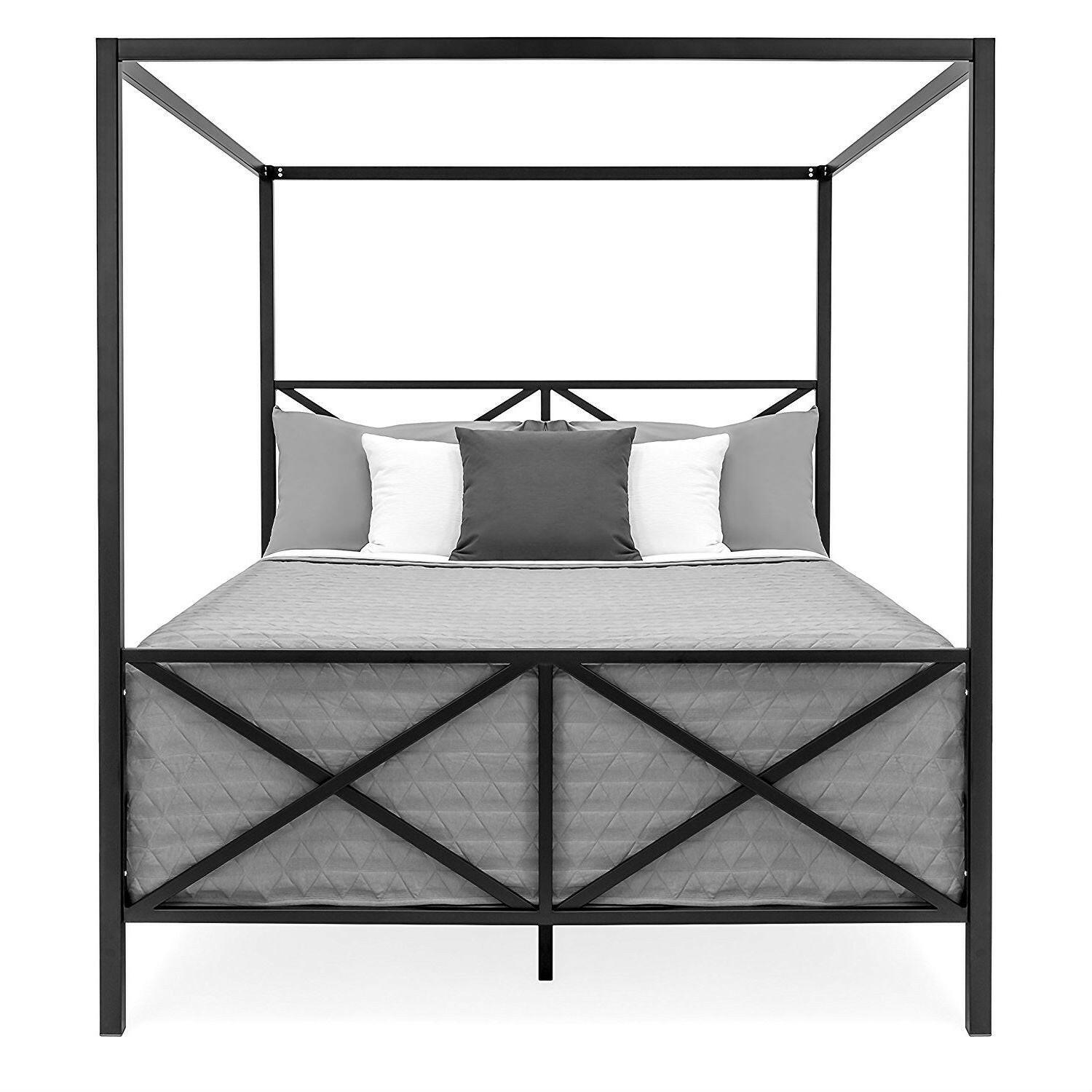 Queen size 4-Post Canopy Bed Frame in Black Metal Finish - FurniFindUSA