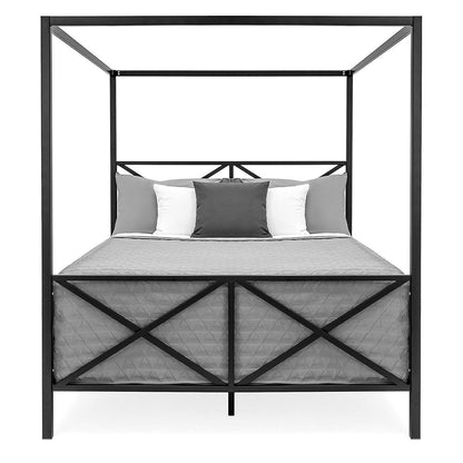 Queen size 4-Post Canopy Bed Frame in Black Metal Finish - FurniFindUSA