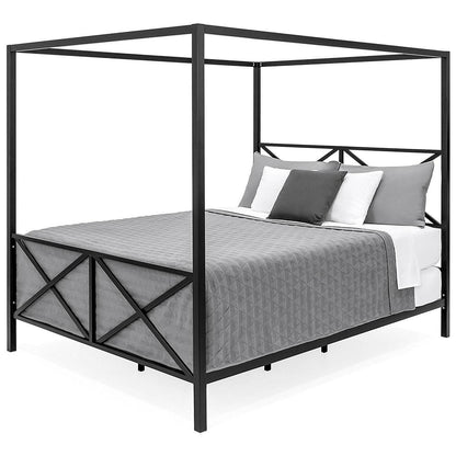 Queen size 4-Post Canopy Bed Frame in Black Metal Finish - FurniFindUSA