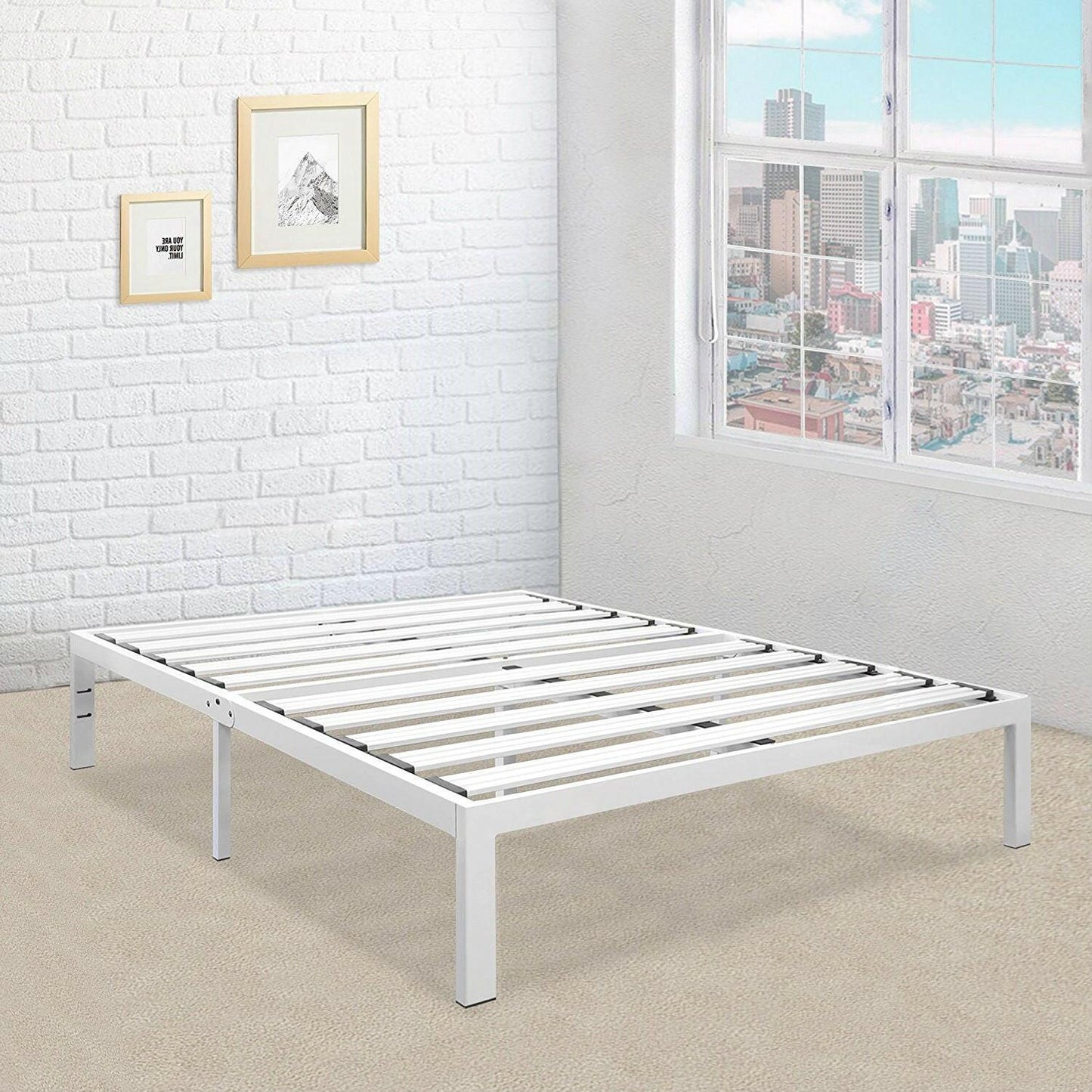 Queen size Heavy Duty Metal Platform Bed Frame in White - FurniFindUSA