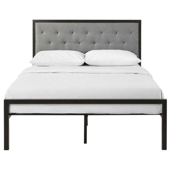 Queen size Contemporary Metal Platform Bed with Grey Upholstered Headboard - FurniFindUSA