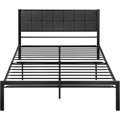 Queen Metal Platform Bed Frame with Gray Button Tufted Upholstered Headboard - FurniFindUSA