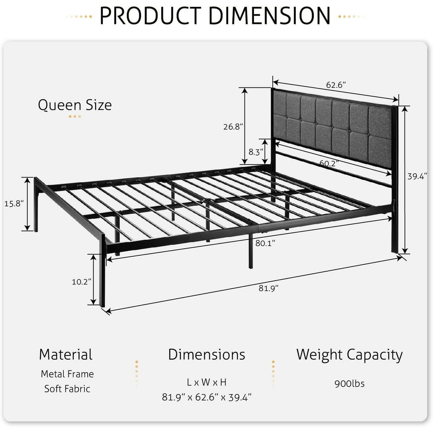 Queen Metal Platform Bed Frame with Gray Button Tufted Upholstered Headboard - FurniFindUSA