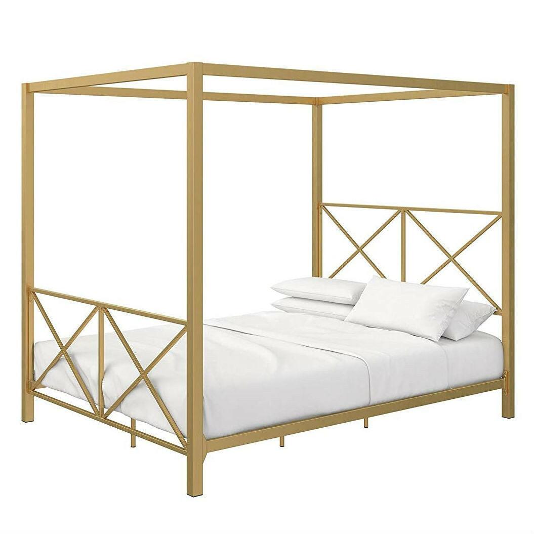 Queen size Modern Gold Metal Canopy Bed Frame with Headboard and Footboard - FurniFindUSA