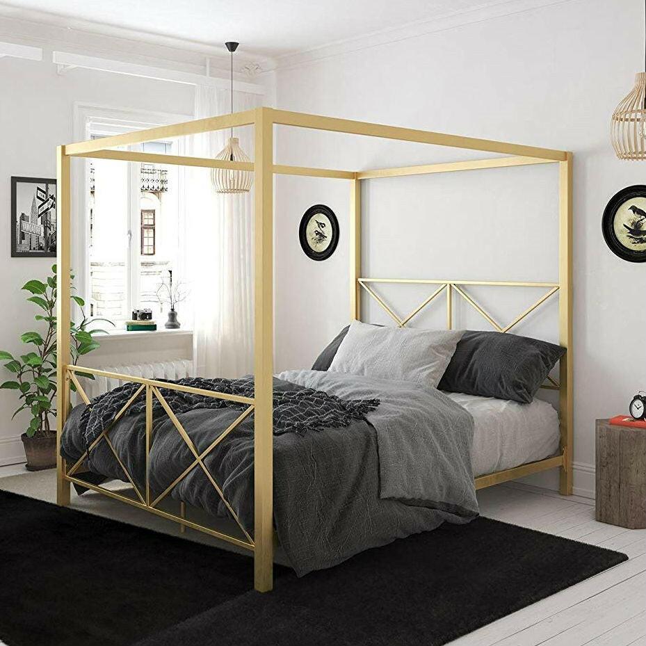 Queen size Modern Gold Metal Canopy Bed Frame with Headboard and Footboard - FurniFindUSA