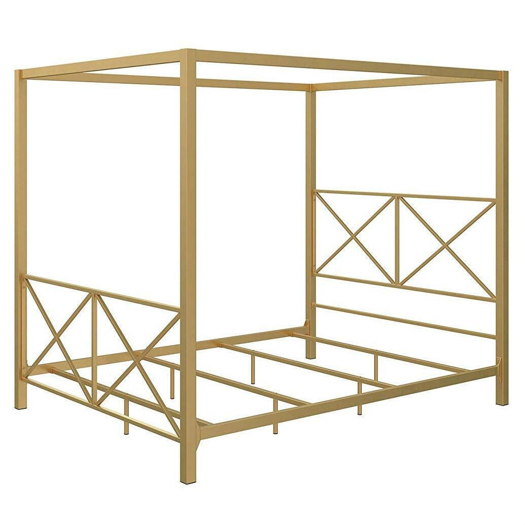 Queen size Modern Gold Metal Canopy Bed Frame with Headboard and Footboard - FurniFindUSA